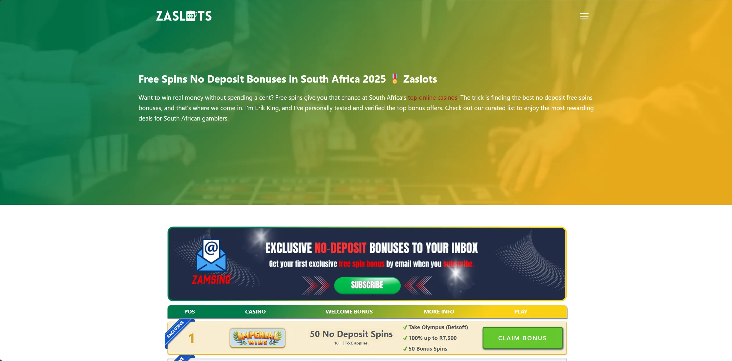 Screenshot of Zaslots.com - Free Spins No Deposit Bonuses in South Africa 🎖️